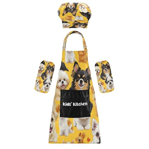 Bulletgxll Little Dogs Kids Apron and Chef Hat Set Adjustable Bib Aprons with Pockets for Cooking Baking Painting
