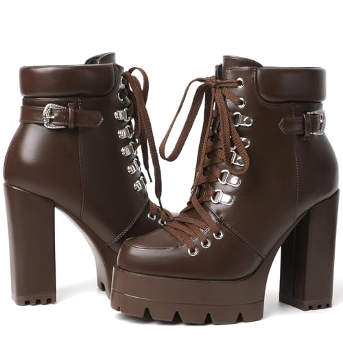 Image of Susanny Sexy High Heels for Women Boots Round Toe Platform Booties Lace Up Suede Side Zipper Ankle Bootie