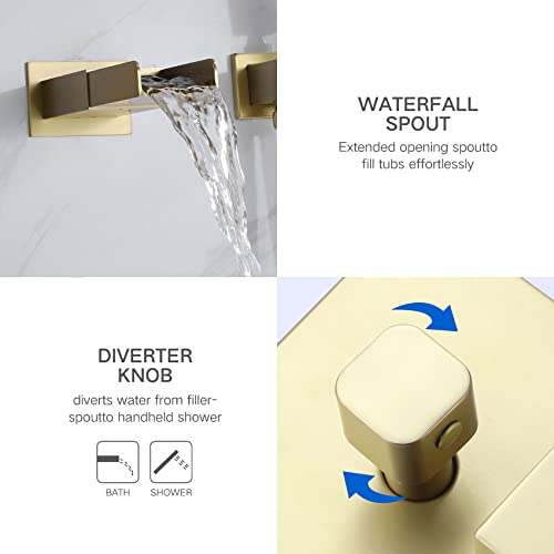 Taplong Wall Mount Bathtub Faucet With Hand Held Sprayer, Single Handle Tub Filler With Hand Shower, 3 Holes Contemporary Waterfall Tub Faucet (Rough-In Valve And Trim Kit Included), Brushed Gold #TOP3