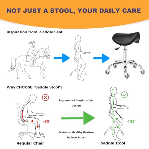 Image of Saddle Stool, Adjustable Ergonomic PU Leather Rolling Drafting Chair, Black | 360 Swivel wheels, Height adjustable, Multi-use for Salon, Lab, Tattoo, Massage & Clinic