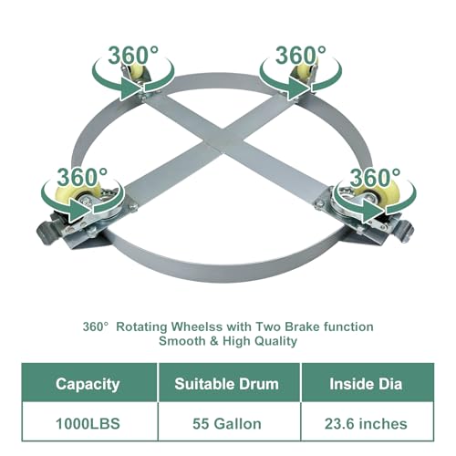 Image of 55 Gallon Drum Dolly, 1000lbs Load Capacity 55 Gallon Barrel Dolly Cart Drum Caddy with 4 Swivel Casters Wheel, Non Tipping Hand Truck Capacity Dollies for Warehouse Drum Handling (Silver Gray)