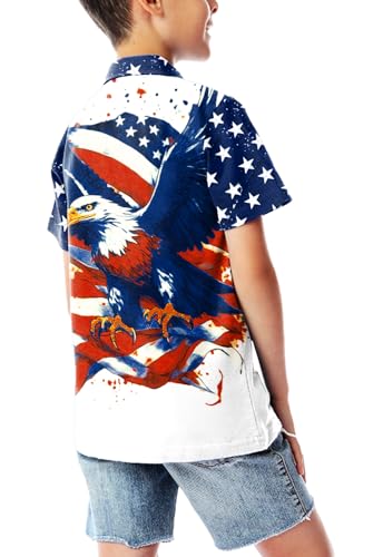 Image of AOBUTE Kids 4th of July Polo American Flag Short Sleeve Button Down Shirts Tops 3-14 Years