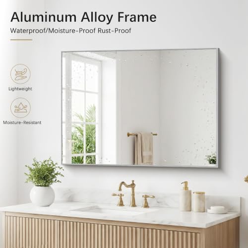 Image of DESBING 30 inch x 40 inch Bathroom Mirror, Silver Metal Frame Wall Mirror | HD Image,Shatterproof Decorative Rectangular Vanity Mirror for Bedroom Bathroom Living Room Entryway Horizontal or Vertical