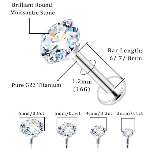 16G 18G Moissanite Earrings D Color VVS1 Clarity, G23 Titanium Internal Thread Flat Back Earrings, Silver Black Piercing Jewelry for Tragus Helix Conch Cartilage, Hypoallergenic Nose Stud for Women Men2