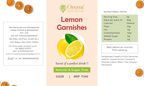 Image of Omrai Foods Dried Lemon Slices Garnishes 50GM (Pack of 2) | Dehydrated Lemon Fruit Garnish for Cocktails, Mocktails, Detox Water, Tea | 100% Natural Air Dried Fruit for Decoration