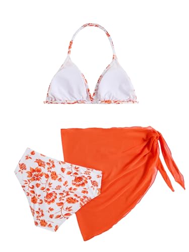 Image of Milumia Girl's 3 Piece Bikni Set Ditsy Floral Halter Swimsuit with Cover Up Skirts