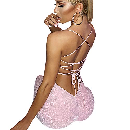 Women's Sexy Glitter Spaghetti Strap Bodycon Lace Up Backless High Split Long Maxi Dress Party Night Club Cocktail Dresses Pink #TOP2
