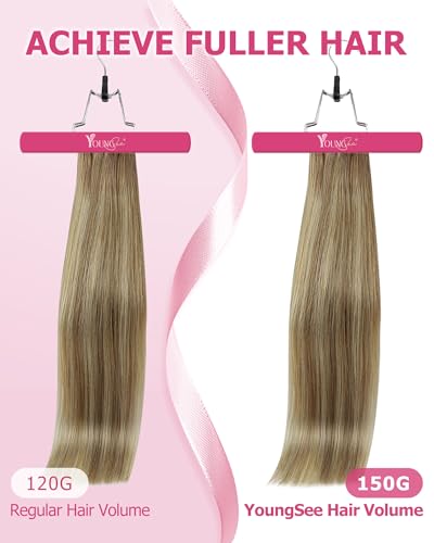 Image of YoungSee Ombre Clip in Hair Extensions 120g Light Brown Balayage Platinum Blonde Real Hair Extensions Clip in Human Hair, Instant Hair Volume for Parties, Clip on Hair Extension for Women 14 Inch 7Pcs