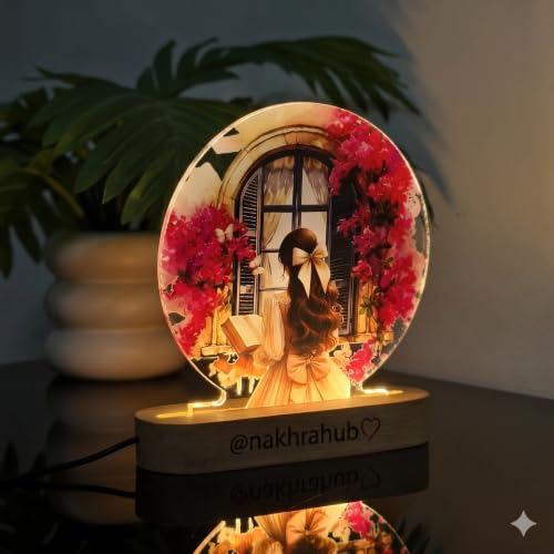 Image of Personalized Couple Photo Acrylic LED Lamp | Custom Romantic Night Light with Floral Artwork & Wooden Base | Anniversary, Wedding, Engagement, Valentine's Day Gift (Design 4)