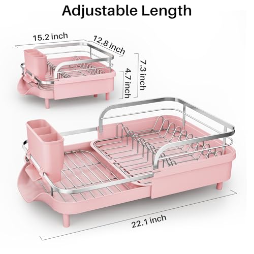 Image of SNTD Dish Drying Rack, Expandable Dish Rack for Kitchen Counter, Stainless Steel Dish Drainer with Drainboard Set and Utensil Holder (Pink)