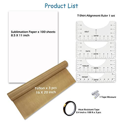 Sublimation Paper 11X8.5 Inch 120 Sheet, T-Shirt Alignment Ruler, Teflon16X12 Inch 3 Pieces, Sublimation Tape 3 Packs, Tape Measure, Sublimation Paper 120G For Any Inkjet Printer With Sublimation Ink #TOP1