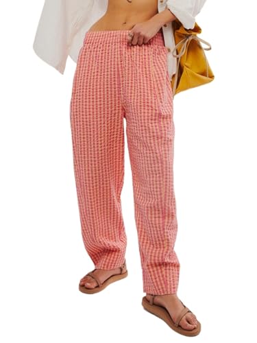 Gingham Pants for Women - Loose Fit Lightweight Elastic Waist Pants with Pockets – Casual Womens Trousers