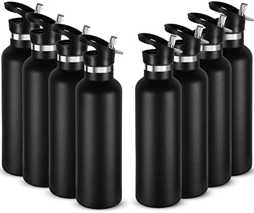 Neihepal 24oz Insulated Water Bottles Bulk 8 Pack,Stainless Steel Double Wall Sport Bottle with Straw Lid,Metal Cup Reusable Thermoses with Hand Cap for School,Cyclists,Hikers,Gift (Black,8 Count)