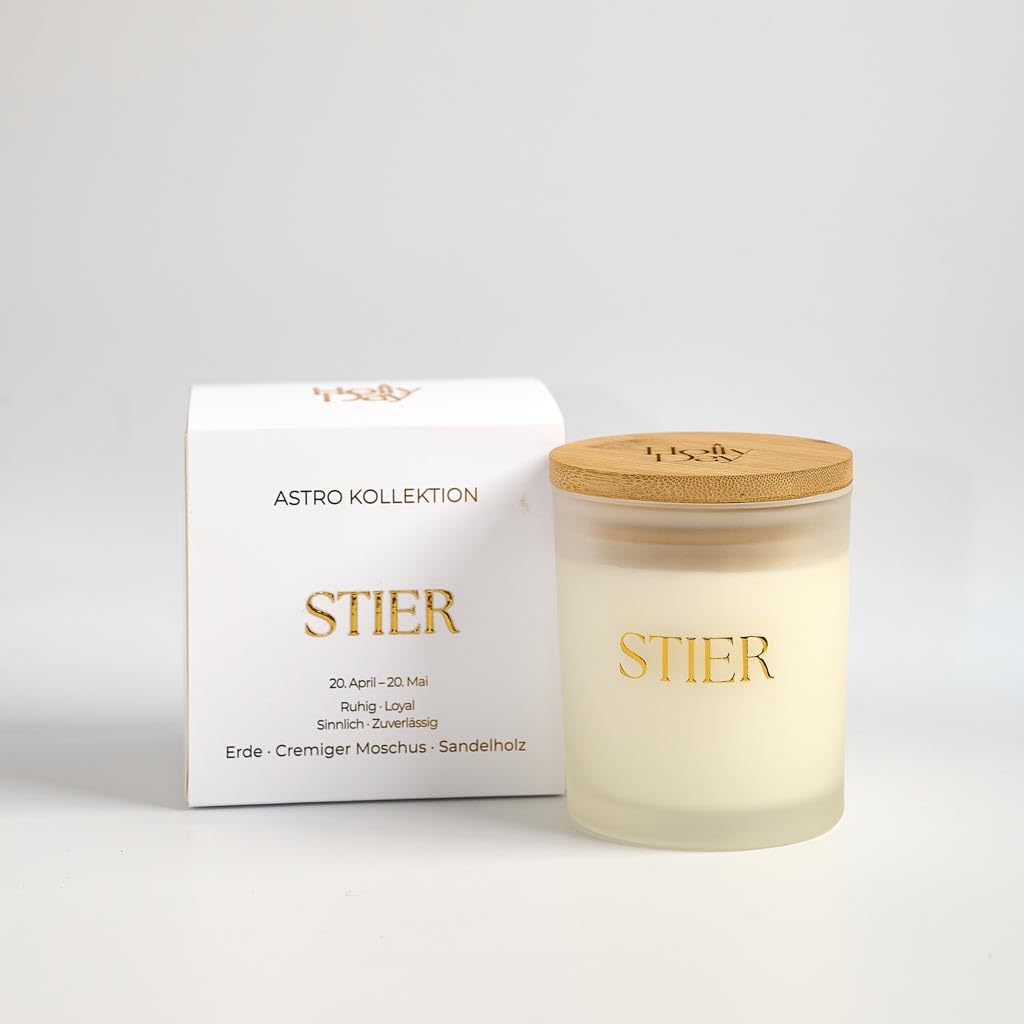 Stier Astro Duftkerze, Cremiger Moschus & Sandelholz, Sojawachs, 220 ml, 45–50 Stunden Brenndauer