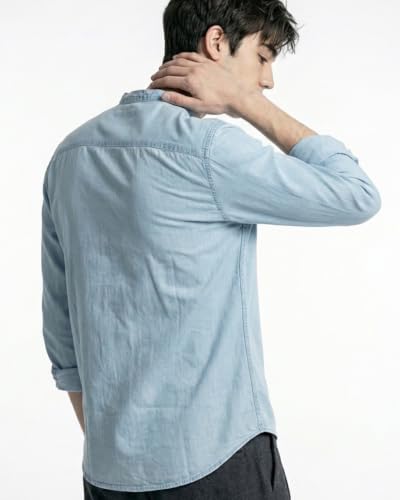 Image of Amazon Brand - INKAST Men Washed Cotton Twill Denim Casual Button Down Shirt | Mandarin Collar | Full Sleeves | Regular Fit | Stylish Summer - Everyday Wear