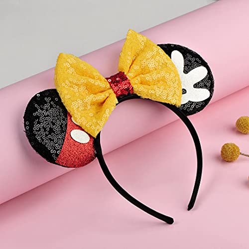 Image of FANYITY Mouse Ears, Sequin Mouse Ears Headband for Girls Women Halloween Birthday Party (Yellow Bow08)