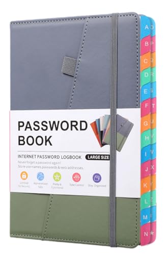 PASSWORD BOOK-A5 Letter-Tag Password Notebook - Computer and Website Login Password Organizer and Manager - 240 Pages with Inner Pocket - 8.4x5.9 Inches (Grayish Green)