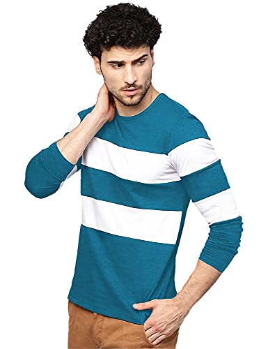 Image of EYEBOGLER Men's Striped Regular fit T-Shirt (T5 Teal Melange White XL)