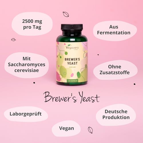 Bierhefe Brewers Yeast 2500 mg | Mit Biotin für gesunde Haut, Haare und Nägel | 100% natürlich ohne Zusatzstoffe| Laborgeprüft | Deutsche Produktion | 120 hochdosierte Kapseln | Vegan | Vegavero