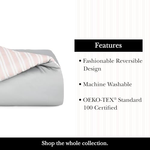 Image of kate spade new york Engineered Stripe 3-Piece King Comforter Set, 300 Thread Count and 100% Cotton Reversible Cover, All Season Warmth Bedding, Machine Washable, Pink and Grey