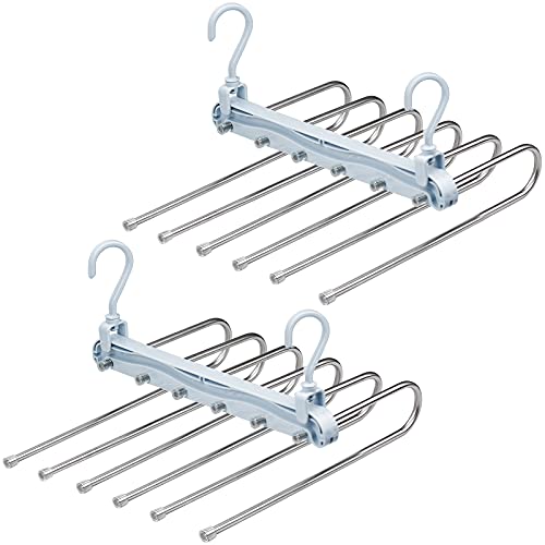 MUSEDAY Lot de 2 Cintres Pantalons Multiple Porte-Pantalons Multi Cintre Magique Rangement Cintre Gain de Place Pliable pour Jeans Pantalons Cravate Vêtements Serviettes（Bleu Gris）