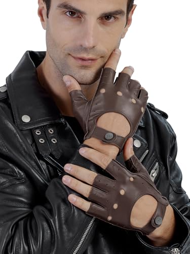 Image of GSG Men's Fingerless Leather Driving Gloves, Half Finger, lambskin | Half Finger Design, Breathable Comfort,Driving, Motorcycle Riding, Racing, Cycling, Daily Wear