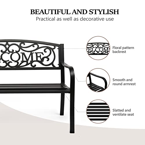 Image of VINGLI Outdoor Bench for Patio Metal Garden Bench w /PVC Back Pattern, Black Park Benches Front Porch Benches for Yard Lawn Decor Deck Entryway (Black-Welcome)