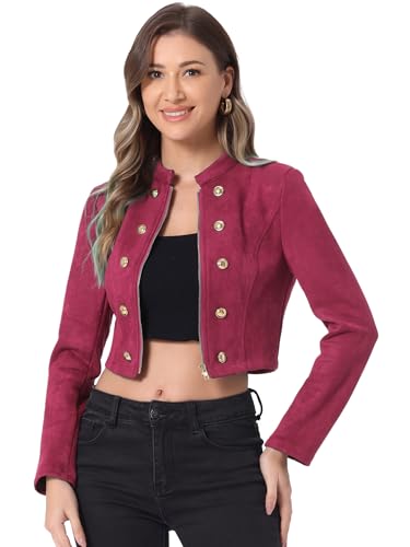 Allegra K Women's Faux Suede Stand Collar Double Breasted Zip Up Long Sleeve Cropped Jacket Dusty Red XS
