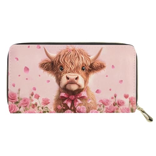 Womens Wallet Long Clutch Large Capacity Purse Valentine's Day Gifts Billfold Wallet PU Leather Clutch Bag, Highland Cow Rose Pink2