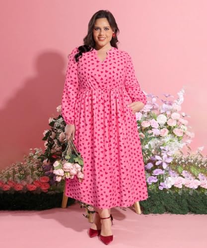 Image of TIYOMI Womens Plus Size Dresses Fall Long Sleeve Maxi Dresses V Neck Floral Spring Party Dress with Pockets XL-5XL (14W-28W)