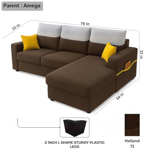 Image of Furny Tokiaa 4 Seater Fabric RHS L Shape Sofa Set (Brown) | Soft Velvet Fabric | Modern Design | Comfortable Seating | Living Room Furniture