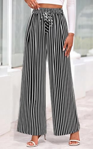 Image of PRETTYGARDEN Womens Pants Elastic Waist Floral Lightweight Palazzo Pants for Women Casual Lounge Wide Leg Pants Woman