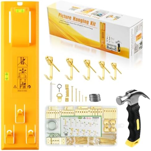 Picture Hanging Kit, Goodsnova Picture Hanging Tool with Level and Marking Device, Including 218 Pieces of Wall Hanging Kit with Hooks, Nails, Wires and Hammer (Yellow)