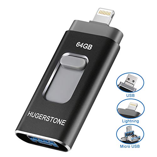 Preisvergleich Produktbild HUGERSTONE USB Stick für iPhone, USB Stick Externer Speicher Speichererweiterung Verschlüsselte Speicherstick für iOS und Android Handy, Computer (64G, Schwarz)