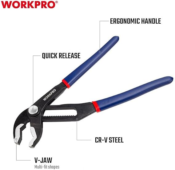WORKPRO WP231087 Profesyonel Ayarlı Düğmeli Fort Pense, 250mm, CR-V Çelik, Kauçuk Saplı