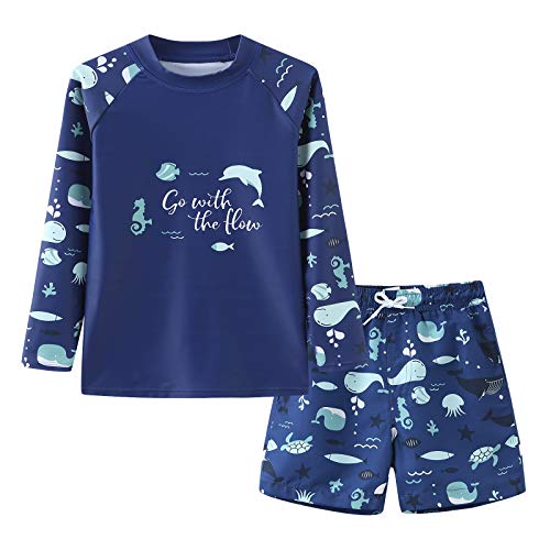 Boys Rashguard Swim Trunks Swimsuits Set Kids Long Sleeve Bathing Suit Swimwear Set Blue Ocean Size 10/8-10