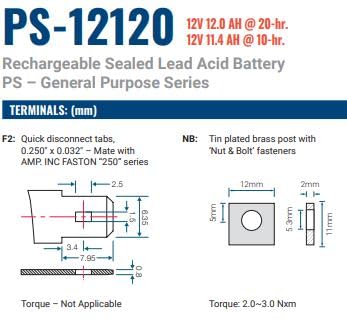Power Sonic PS-12120 Rechargeable Sealed Lead Acid Battery 12V 12AH for General Purpose, Medical, Emergency Lighting, Fire and Security with F2 Terminals