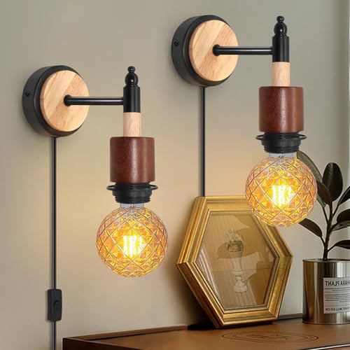 LQUNFYL 2 Pack Plug in Wall Light for Bedroom, E27 Lamp Holder with Switch and 220CM Cable, Plug in Bedside Wall Light, Vintage Industrial Wall Lamp for Indoor Lighting, DIY Lampshade, Black(No Bulb)