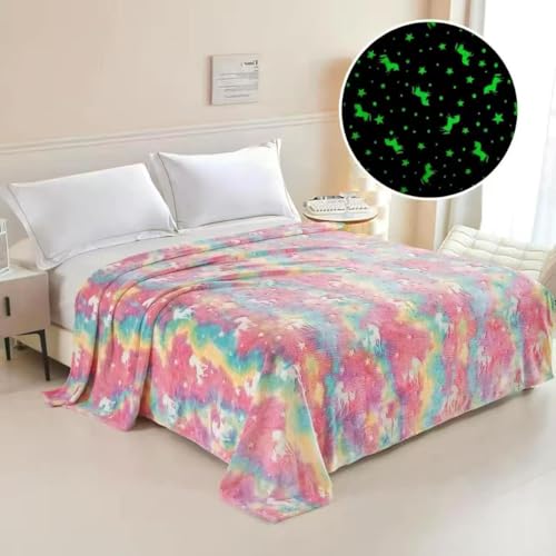 Image of Glow-in-The-Dark Polar Fleece Blanket for Kids - Soft Lightweight Single Bed Blanket (200x152 cm) | All-Season Jacquard Print, Assorted Multicolor - Unicorn Design (Magic Multi)