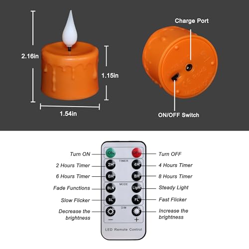 Image of 6 Pack Orange LED Tea Lights Rechargeable with Remote Control and Timer, Flickering Warm White Light, Flameless Candles with Charging Station and USB Cable