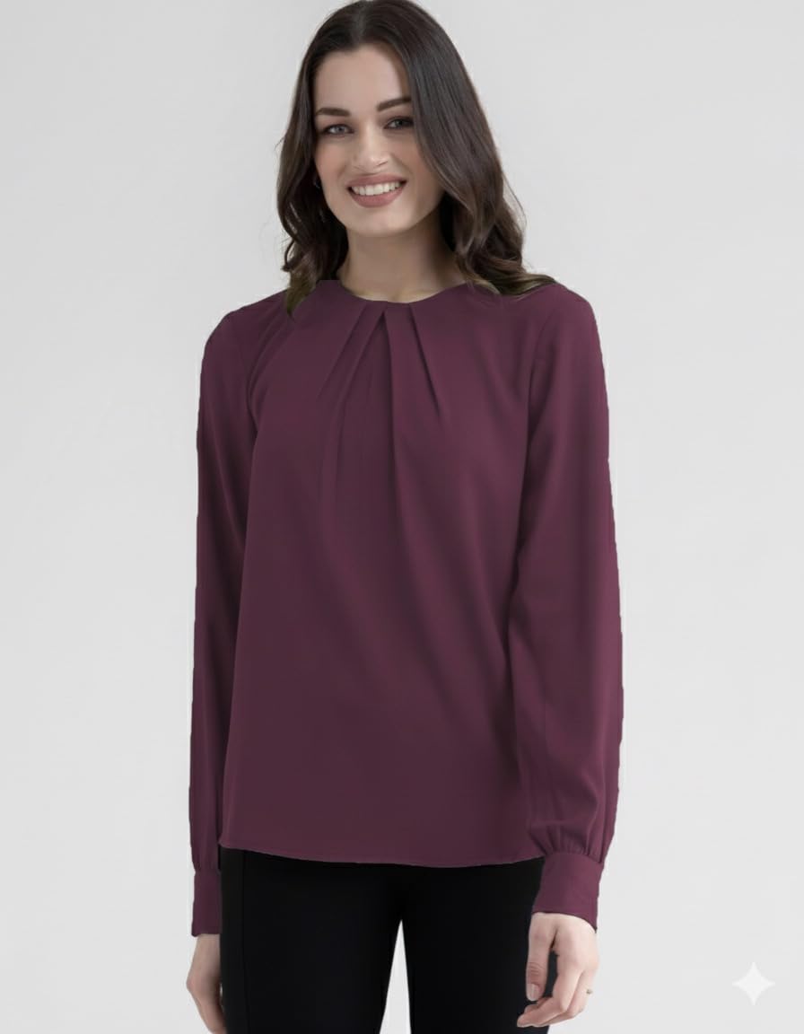 Mirana Women’s Elegant Purple Wine Cotton Blend Pleated Top | Full Sleeve Regular Fit Western Office Wear - Image 5 thumbnail