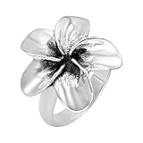 Silverly Anillo Grande de Plata de Ley con Flor Hawaiana | Anillos de Plumeria de Plata 925 para Mujer | Diseño de Banda Gruesa | Joyería Veraniega Audaz | Anillos de Cóctel Florales Retro