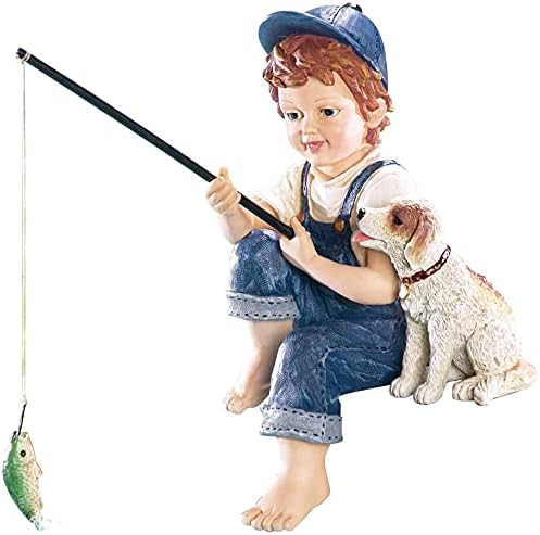 Little Boy and His Dog Fishing Outdoor Garden or Pond Sculpture - Hand-Painted Garden or Home Decoration
