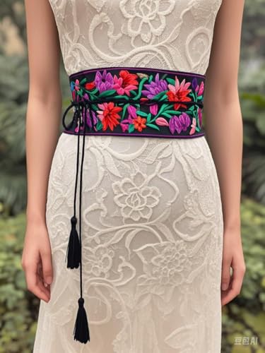 FANFAN Traditional Mexican Embroidery Belt for Women - Floral Adjustable Waist Sash with Tassels Folk Art Accessories E103
