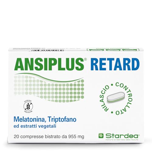 Ansiplus Retard | Integratore Melatonina Retard, Valeriana, Giuggiolo e Vitamine B con Triptofano, Per Risvegli notturni, Addormentamento, Melatonina per dormire, 20 Compresse, Notte | Stardea