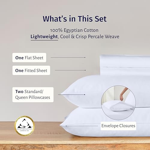 California Design Den Certified 100% Egyptian Cotton Full Size Sheets Set - Lightweight & Crisp Percale Cotton Sheets Full with Deep Pockets, Cool & Durable Luxury Bedding Set - White