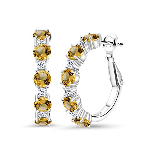 Gem Stone King 925 Sterling Silver Yellow Citrine And White Topaz Hoop Earrings For Women (2.88 Cttw, Round 4Mm And 1.9Mm, Gemstone Birthstone 1 Inch Diameter) #TOP24