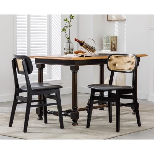CIMOTA Rattan Dining Chairs Set of 4, Farmhouse Boho Kitchen Chairs with Sherpa Cushion, Woven Cane Back and Solid Wood Legs, Upholstered Dining Room Side Chairs (Bcoule White)