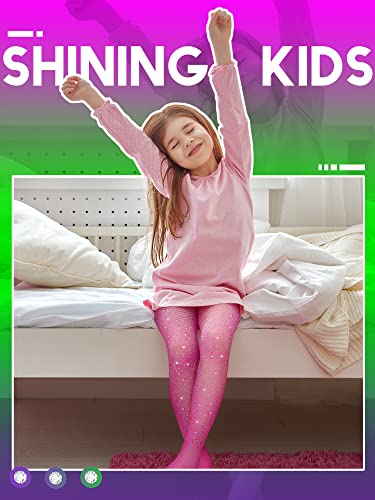3 Pcs Girls Glitter Fishnet Tights Kids Bling Mesh Stockings Sparkle Rhinestone Hollow Out Pantyhose (Green, Rose Red, Purple, Medium, 125-160 Cm) #TOP3