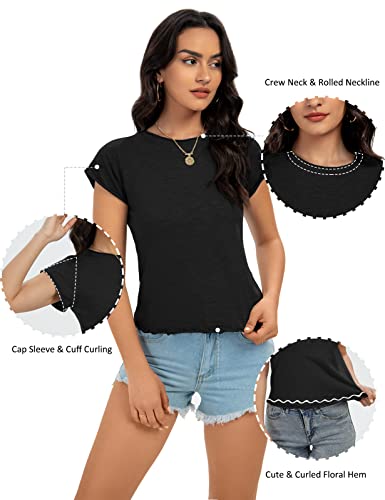Freelooper Women's Short Sleeve Shirts Casual Crop Tops T-Shirts Plain Crew Neck Tee Trendy Basic Cap Tops For Teen Girls, Black, L #TOP2